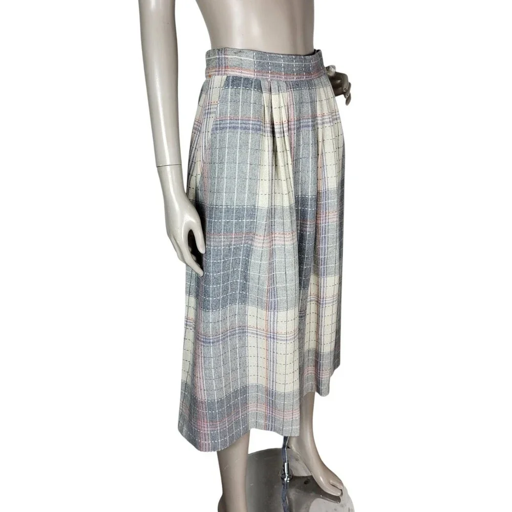 VTG 70s Wool Blend Grey Pink Plaid Tweed Midi Secretary Academia Librarian Skirt